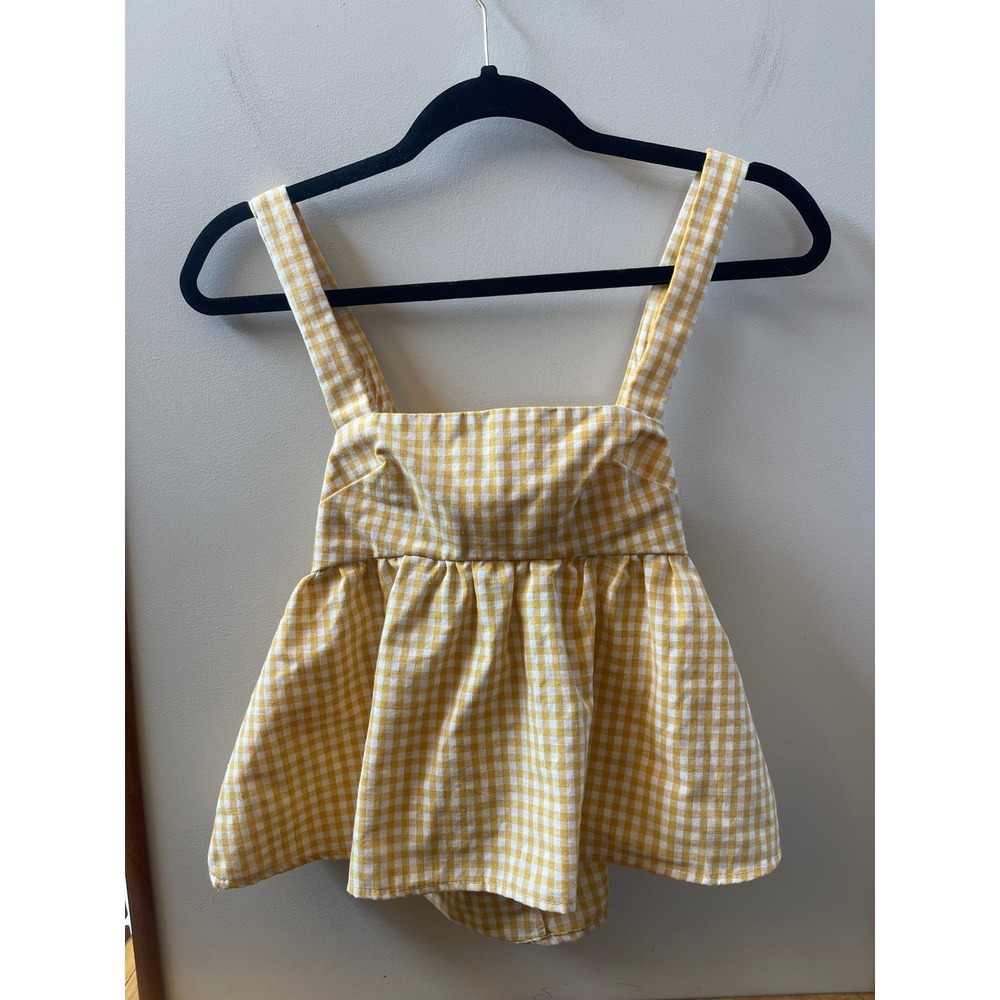 SHEIN Peplum Top Womens XS Yellow Gingham Open Back Tie Bow Sleeveless